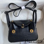 Hermes Mini Lindy Handmade Bag In Black Matte Alligator Leather