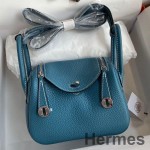 Hermes Mini Lindy Handmade Bag In Blue Jean Clemence Leather