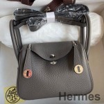 Hermes Mini Lindy Handmade Bag In Etain Clemence Leather