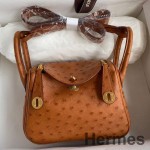 Hermes Mini Lindy Handmade Bag In Gold Ostrich Leather