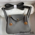 Hermes Mini Lindy Handmade Bag In Gris Meyer Clemence Leather