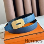 Hermes Neo Reversible Belt 32MM in Blue Clemence Leather