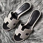 Hermes Oasis Sandals In White Suede with Rhinestone