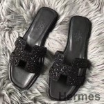 Hermes Oran Sandals In Black Suede With Black Crystal