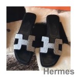 Hermes Oran Sandals In Black Suede With Crystal