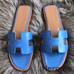 Hermes Oran Sandals In Blue Swift Leather