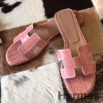 Hermes Oran Sandals In Pink Shiny Niloticus Crocodile
