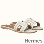 Hermes Oran Sandals In White Leather With Stitched Detail