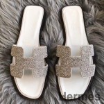 Hermes Oran Sandals In White Suede With Crystal