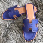 Hermes Oran Slide Sandals In Blue Epsom Perforated Calfskin