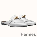 Hermes Oz Mules In Silver Metallic Calfskin