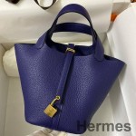 Hermes Picotin Lock 18 Handmade Bag in Blue Encre Clemence Leather