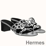 Hermes Tandem Sandals In Silver Metallic Calfskin