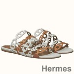 Hermes Thalassa Sandals In Brown/White Lambskin