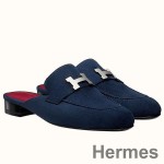 Hermes Trocadero Mules In Blue Suede