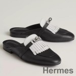 Hermes Women's Oz Mules with Fringed in Black/White Leather