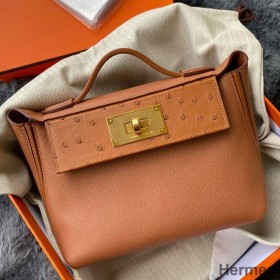 Hermes 24/24 Mini 21 Touch Bag in Gold Evercolor and Ostrich Leather