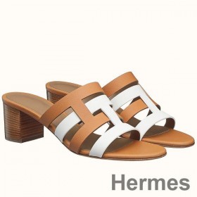 Hermes Amica 5mm Sandals In Brown/White Calfskin