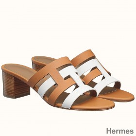 Hermes Amica 5mm Sandals In Brown/White Calfskin