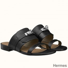 Hermes Avenue Sandals In Black Calfskin