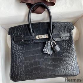 Hermes Birkin 25 Bag In Black Matte Alligator Crocodile Skin