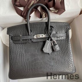 Hermes Birkin 25 Bag In Dark Grey Matte Alligator Crocodile Skin