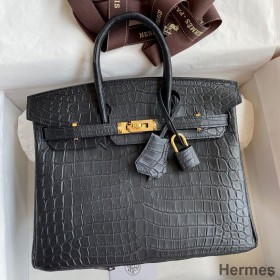 Hermes Birkin 25 Handmade Bag In Black Crocodile Niloticus Matte Skin