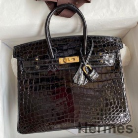 Hermes Birkin 25 Handmade Bag In Black Crocodile Niloticus Shiny Skin