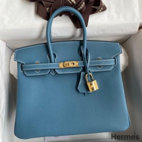Hermes Birkin 25 Handmade Bag In Blue Jean Clemence Leather