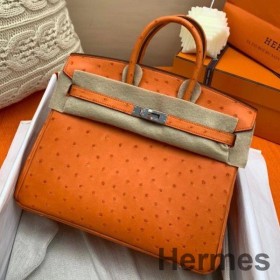 Hermes Birkin 25 Handmade Bag In Orange Ostrich Leather