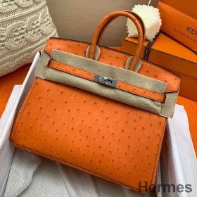 Hermes Birkin 25 Handmade Bag In Orange Ostrich Leather