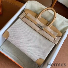 Hermes Birkin 25 Handmade Bag In Toile & Biscuit Swift Leather