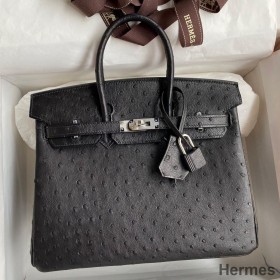 Hermes Birkin 25 Retourne Handmade Bag In Black Ostrich Leather