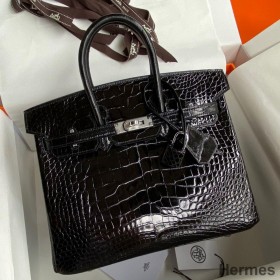 Hermes Birkin 25 Retourne Handmade Bag In Black Shiny Alligator Leather
