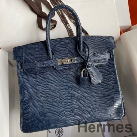 Hermes Birkin 25 Retourne Handmade Bag In Blue Saphir Lizard Leather