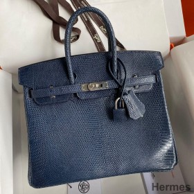 Hermes Birkin 25 Retourne Handmade Bag In Blue Saphir Lizard Leather