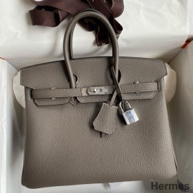 Hermes Birkin 25 Retourne Handmade Bag In Etain Clemence Leather