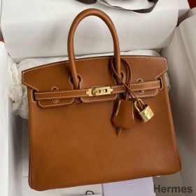 Hermes Birkin 25 Retourne Handmade Bag In Gold Barenia Calfskin