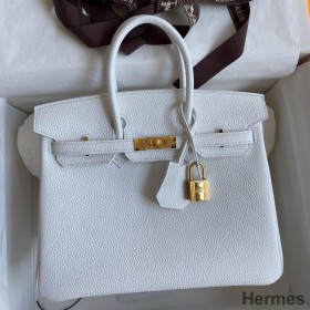 Hermes Birkin 25 Retourne Handmade Bag In White Clemence Leather