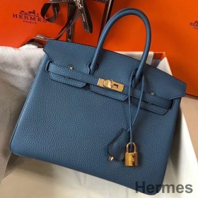 Hermes Birkin 25cm Bag In Blue Agate Clemence Leather GHW