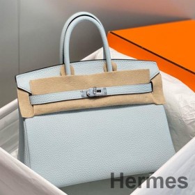 Hermes Birkin 25cm Bag In Blue Brume Clemence Leather PHW