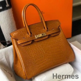 Hermes Birkin 25cm Bag In Gold Embossed Crocodile Leather