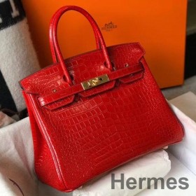 Hermes Birkin 25cm Bag In Red Embossed Crocodile Leather