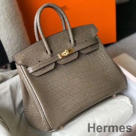 Hermes Birkin 25cm Bag In Taupe Embossed Crocodile Leather
