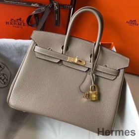 Hermes Birkin 25cm Bag In Tourterelle Clemence Leather GHW