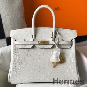 Hermes Birkin 25cm Bag In White Embossed Crocodile Leather