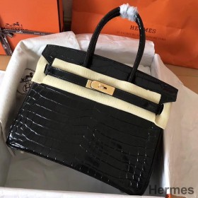 Hermes Birkin 30 Bag In Black Crocodile Porosus Shiny Skin