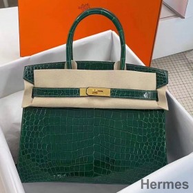 Hermes Birkin 30 Bag In Green Crocodile Porosus Shiny Skin