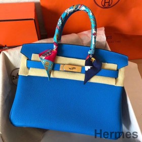 Hermes Birkin 30 Handmade Bag In Blue Clemence Leather