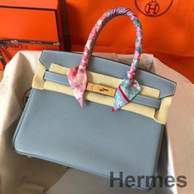 Hermes Birkin 30 Handmade Bag In Blue Lin Clemence Leather